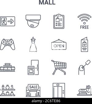 Satz von 16 Symbolen für die Vektorlinien des Konzepts „Mall“. 64x64 dünne Schlaganfall-Symbole wie cctv, Gamepad, Broschüre, Trolley, Verkauf, Fast Food, Aufzug, offen, WiFi Stock Vektor