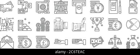 Banking und Geldlinien-Symbole. Lineare Satz. Qualität Vektor-Linie Satz wie Geldbeutel, Geld, Gehalt, Euro, Münzen, Geldbörse, geldautomat, Zahlungsmethode Stock Vektor