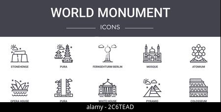 World Monument Concept Line Icons Set. Enthält Icons für Web, Logo, ui/ux wie pura, Moschee, Oper, weißes Haus, Pyramide, kolosseum, Stock Vektor