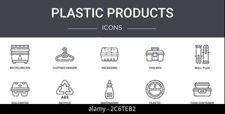 Kunststoff-Produkte Konzept Linie Symbole Set. Enthält Symbole für Web, Logo, ui / ux wie Kleiderbügel, Toolbox, Eierkarton, Mayonaisse, Kunststoff, Stock Vektor