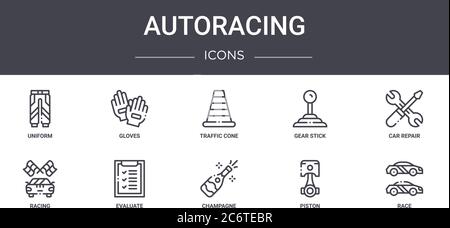 Autoracing Concept Line Icons Set. Enthält Icons für Web, Logo, ui/ux wie Handschuhe, Gear Stick, Racing, Champagner, Kolben, Rennen, Auto-Reparatur, Stock Vektor