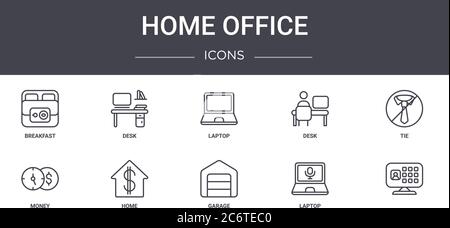 Home Office Konzept Linie Symbole Satz. Enthält Symbole für Web, Logo, ui / ux wie Schreibtisch, Schreibtisch, Geld, Garage, Laptop, Krawatte, Laptop Stock Vektor