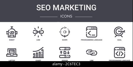 seo Marketing Konzept Linie Symbole Satz. Enthält Symbole für Web, Logo, ui / ux wie Link, Programmiersprache, Laptop, Server, Link, Programmierung Stock Vektor