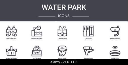 Wasserpark Konzept Linie Symbole Set. Enthält Symbole für Web, Logo, ui / ux wie Sprungbrett, Schließfächer, Picknickkorb, Lebensretter, Wasserpistole, Wirel Stock Vektor