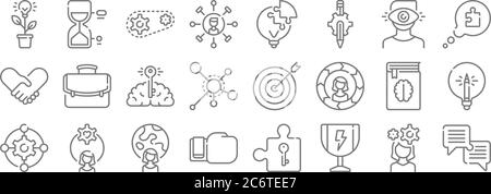 Life Skills Linie Symbole. Lineare Satz. Qualität Vektor-Linie Set wie Dialog, Trophäe, Boxhandschuh, Getriebe, Buch, Gehirn, Sprechblase, Glühbirne, Stunde Stock Vektor