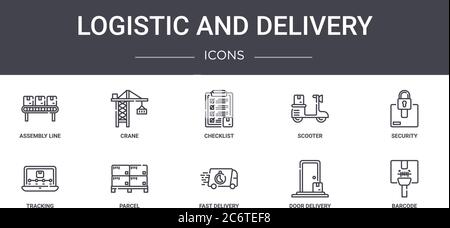 Logistik und Lieferung Konzept Linie Symbole Set. Enthält Symbole für Web, Logo, ui / ux wie Kran, Roller, Tracking, schnelle Lieferung, Tür liefern Stock Vektor