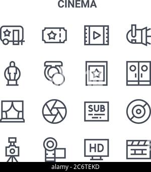 Satz von 16 KinomKonzept Vektorlinien-Symbole. 64x64 dünne Strichsymbole wie Kino, Auszeichnung, Eingang, Untertitel, Kamera, Klappbrett, hd, Walk of Fame Stock Vektor