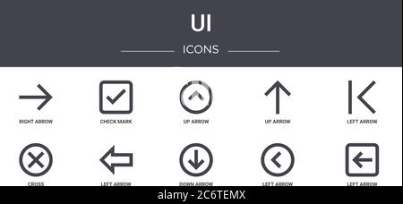 ui-Konzept-Linie Symbole gesetzt. Enthält Symbole für Web, Logo, ui/ux wie Häkchen, Pfeil nach oben, Kreuz, Pfeil nach unten, Pfeil nach links, links links nach oben Stock Vektor
