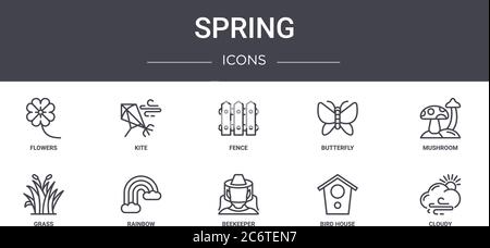 Spring Concept Line Icons Set. Enthält Icons für Web, Logo, ui/ux wie Kite, Schmetterling, Gras, Imker, Vogelhaus, bewölkt, Pilz, fen Stock Vektor