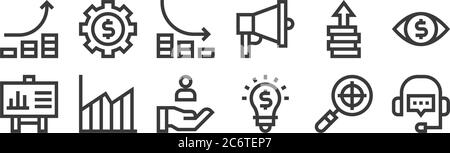12 Satz von linearen Marketing und Wachstum Symbole. Dünne Umrisse Symbole wie Unterstützung, Idee, Wachstum, Verbesserung, Verluste, Ausrüstung für Web, mobile Stock Vektor
