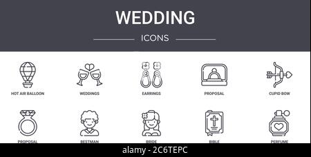 Hochzeit Konzept Linie Icons Set. Enthält Symbole für Web, Logo, ui / ux wie Hochzeiten, Vorschlag, Vorschlag, Braut, bibel, Parfüm, Amor Bogen, Ohr Stock Vektor