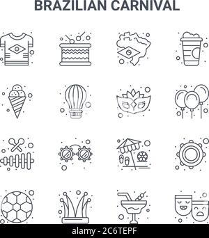 Set von 16 brasilianischen Karneval Konzept Vektor-Linie Symbole. 64x64 dünne Striche Symbole wie Trommel, Eis, Luftballons, Strand, Büffel, Maske, Wein, Maske, s Stock Vektor