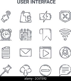 Satz von 16 Symbolen für die Vektorlinien der Benutzeroberfläche. 64x64 dünne Striche Symbole wie Standort, Alarm, WiFi, Video-Player, herunterladen, Nachricht, entfernen, Stock Vektor