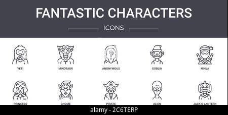 Fantastische Zeichen Konzept Linie Symbole Set. Enthält Symbole für Web, Logo, ui / ux wie minotaur, Kobold, Prinzessin, Pirat, Alien, Jack o lant Stock Vektor