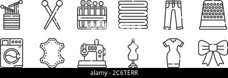 12 Satz von linearen Nähen Icons. Dünne Umrisse Symbole wie Band, Schaufensterpuppe, Leder, Hosen, Nadeln, Stifte für Web, mobil Stock Vektor