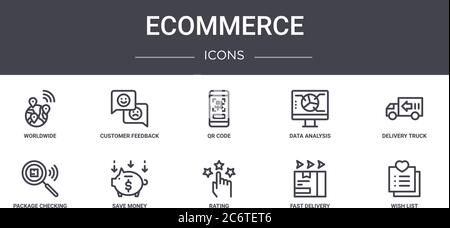 ecommerce Concept Line Icons Set. Enthält Icons für Web, Logo, ui/ux wie Kundenfeedback, Datenanalyse, Paketprüfung, Bewertung, schnell Stock Vektor