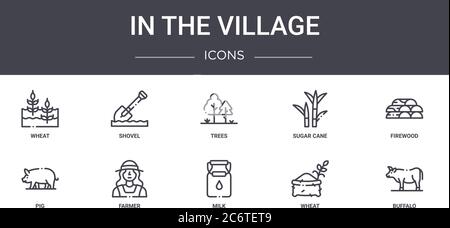 In der Dorf-Konzept-Linie Icons Set. Enthält Symbole für Web, Logo, ui/ux wie Schaufel, Zuckerrohr, Schwein, Milch, Weizen, Büffel, Brennholz, tre Stock Vektor