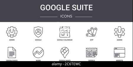 google Suite Concept Line Icons Set. Enthält Symbole für Web, Logo, ui/ux wie google, App, google docs, Karten, Website, Admin, Kalender Stock Vektor