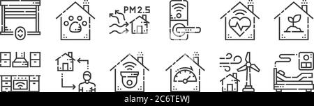 12 Satz von linearen smarthome-Symbole. Dünne Umrisssymbole wie Krankenhausbett, Dashboard, smarthome, Gesundheit, Luftqualität, Tierpflege für Web, mobil Stock Vektor