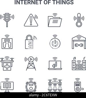 Set von 16 Internet der Dinge Konzept Vektor-Linie Symbole. 64x64 dünne Hub Symbole wie Gefahr, Waage, Garage, Laptop, Staubsauger, Tür l Stock Vektor