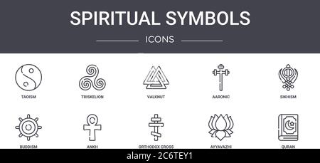 Spirituelle Symbole Konzept Linie Symbole gesetzt. Enthält Symbole für Web, Logo, ui/ux wie triskelion, aaronic, Buddismus, orthodoxe Kreuz, ayyavazhi, Stock Vektor
