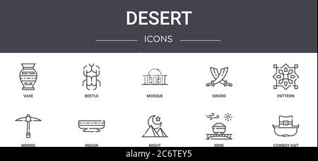 Wüste Konzept Linie Symbole Set. Enthält Symbole für Web, Logo, ui / ux wie Käfer, Schwert, Bergbau, Nacht, Mine, Cowboy Hut, Muster, Moschee Stock Vektor