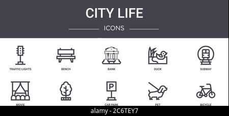 City Life Concept Line Icons Set. Enthält Symbole für Web, Logo, ui/ux wie Bank, Ente, Film, Parkplatz, Haustier, Fahrrad, U-Bahn, Bank Stock Vektor