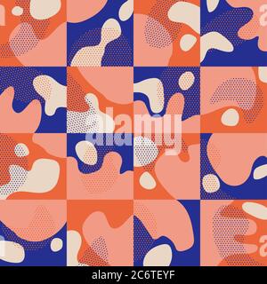 Lebendige Korallen und blau karierten und flüssigen Formen nahtlose Muster für Hintergrund, Stoff, Textil, Wrap, Oberfläche, Web-und Print-Design. Abstrakt geometrisch Stockfoto
