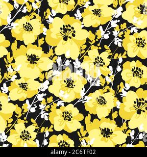 Schwarz und gelb Spaß floralen nahtlose Muster für Stoff, Textil, Web-Post und Print Wrap Design. Abstrakte Blume Vektor Kachel Hintergrund. Stockfoto