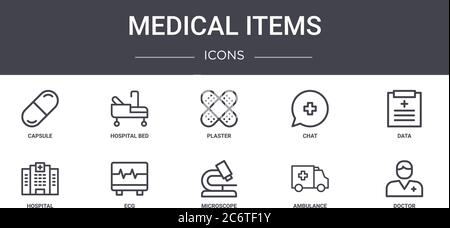 Medizinische Artikel Konzept Linie Symbole Set. Enthält Symbole für Web, Logo, ui / ux wie Krankenhausbett, Chat, Krankenhaus, Mikroskop, Krankenwagen, Arzt, Stock Vektor