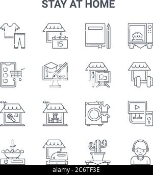 Set von 16 zu Hause bleiben Konzept Vektorlinien-Symbole. 64x64 dünne Strichikonen wie zu Hause bleiben, Online-Shopping, Fitness-Studio, Waschmaschine, Bügeln, Kopfbügelstation Stock Vektor