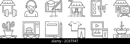 12 Satz von linearen Aufenthalt zu Hause Symbole. Dünne Umrisssymbole wie Kochen, Kleidung, Mikrowelle, Online-Shopping, E-Learning, Kopfhörer für Web, mobil Stock Vektor