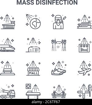 Satz von 16 Massendesinfektionskonzept Vektorlinien-Symbolen. 64x64 dünne Striche Symbole wie Erde, Zug, Hotels, Schuhe, Betten, Straßen, Brücke, Drohne, crui Stock Vektor