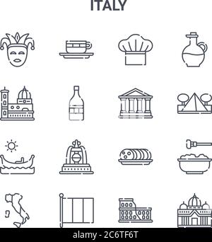 Set von 16 italien Konzept Vektor-Linien-Symbole. 64x64 dünne Strichikonen wie Cappuccino, florenz, , Ciabatta, italien, Basilikum, kolosseum, rom, Olive oi Stock Vektor