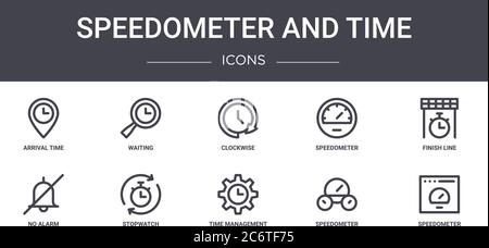 Tachometer und Zeitkonzept Liniensymbole gesetzt. Enthält Symbole für Web, Logo, ui/ux wie Warten, Tachometer, kein Alarm, Zeitmanagement, Geschwindigkeit Stock Vektor