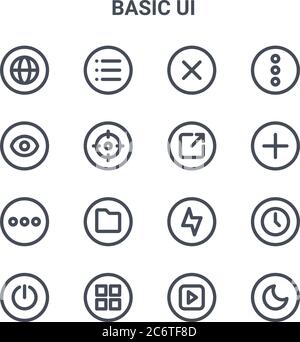 Satz von 16 grundlegenden ui-Konzept-Vektorlinien-Symbolen. 64x64 dünne Strichsymbole wie Liste, Ansicht, hinzufügen, Blitz, Raster, Nachtmodus, spielen, teilen, mehr Stock Vektor