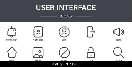 User Interface Concept Line Icons Set. Enthält Symbole für Web, Logo, ui/ux wie Telefonbuch, , Home, Blöcke, Schloss, Suche, Sound, Benutzer Stock Vektor