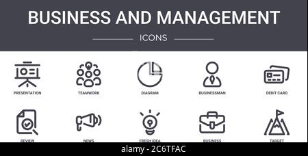 Business und Management-Konzept Linie Symbole gesetzt. Enthält Symbole für Web, Logo, ui / ux wie Teamarbeit, Geschäftsmann, Überprüfung, frische Idee, Geschäft Stock Vektor