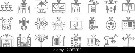 internet der Dinge Linie Symbole. Lineare Satz. Qualität Vektor-Linie Satz wie Straßenbeleuchtung, Transport, Zaun, Lager, Taste, Gemeinschaft, ebook, weigi Stock Vektor