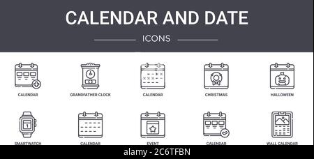 Kalender und Datum Konzept Linie Symbole gesetzt. Enthält Symbole für Web, Logo, ui/ux wie Großvater Uhr, weihnachten, Smartwatch, Event, Kalender Stock Vektor