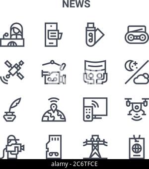 Set von 16 News Konzept Vektor-Linien-Symbole. 64x64 dünne Strichsymbole wie Telefon, Satellit, Wetter, tv, Speicherkarte, id-Karte, , Protest, Radio Stock Vektor
