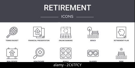 Retirement Concept Line Icons Set. Enthält Icons für Web, Logo, ui/ux wie Finanzpräsentation, Bank, Immobilien, Schalen, Gläser, Park Stock Vektor