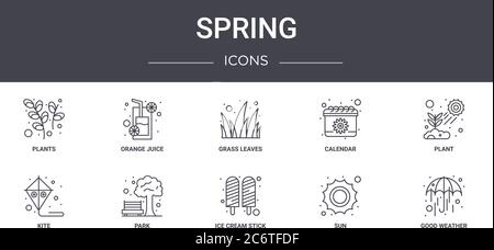 Spring Concept Line Icons Set. Enthält Icons für Web, Logo, ui/ux wie Orangensaft, Kalender, Kite, Eisstock, Sonne, gutes Wetter, pl Stock Vektor
