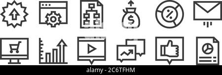 12 Satz von linearen Marketing und Wachstum Symbole. Dünne Umrisssymbole wie Bericht, Konversation, Gewinne, Tortendiagramm, Planung, Einstellungen für Web, mobile Stock Vektor