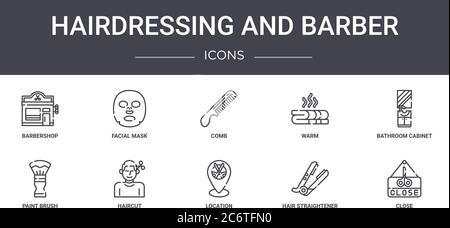 Friseur-und Friseur Konzept Linie Symbole Set. Enthält Symbole für Web, Logo, ui / ux wie Gesichtsmaske, warm, Pinsel, Lage, Haar stra Stock Vektor