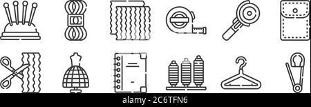 12 Satz von linearen Nähen Icons. Dünne Umrisssymbole wie Sicherheitsnadel, Faden, Schaufensterpuppe, Rolle, Stoff, Faden für Web, mobil Stock Vektor