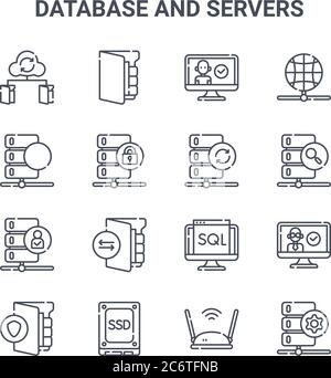 Satz von 16 Datenbank- und Server-Konzept Vektorlinien-Symbole. 64x64 Thin Stroke Symbole wie Datei, Datenbank, Server, sql, ssd-Festplatte, Daten, WiFi-Router, sy Stock Vektor