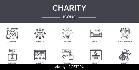 Charity Konzept Linie Symbole Set. Enthält Symbole für Web, Logo, ui / ux wie Charity, Charity, Medizin, Blutspende, Stock Vektor