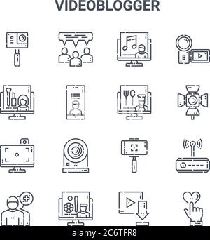Satz von 16 Videoblogger Konzept Vektor-Linien-Symbole. 64x64 dünne Strichsymbole wie Konversation, Schönheit, Spotlight, Selfie, Sport, like, download, foo Stock Vektor