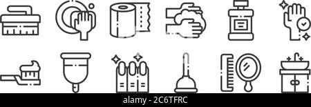 12 Satz von linearen Hygiene-Routine-Symbole. Dünne Umrisssymbole wie Waschbecken, Kolben, Menstruationsbecher, Mundwasser, Toilettenpapier, Waschplatte für Web, mobil Stock Vektor